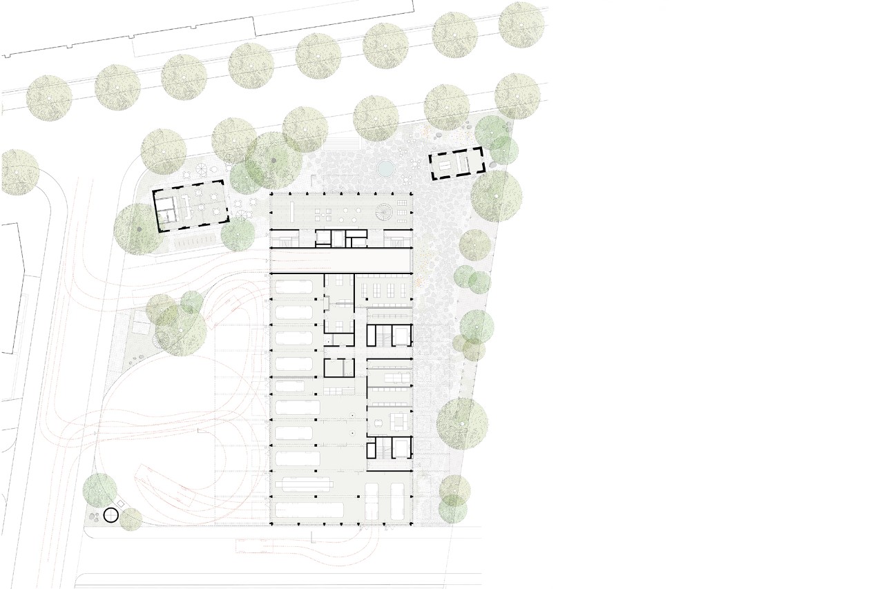 Wache West und Stadtarchiv Siegerprojekt FORTEPIANO – Grundriss Erdgeschoss (Plan: Adrian Streich Architekten AG, Zürich)